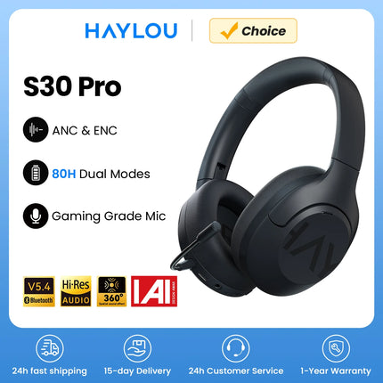 HAYLOU S30 Wireless Bluetooth 5.4 Headphones 43dB Adaptive Noise Cancelling Headsets 40mm Driver 80H Playtime Earphones