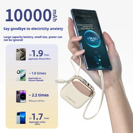 10000mAh Portable Powerbank with PD 22.5W Fast Charging Small Power Bank Dual-Cable Built-In for iPhone Android iPad Plane