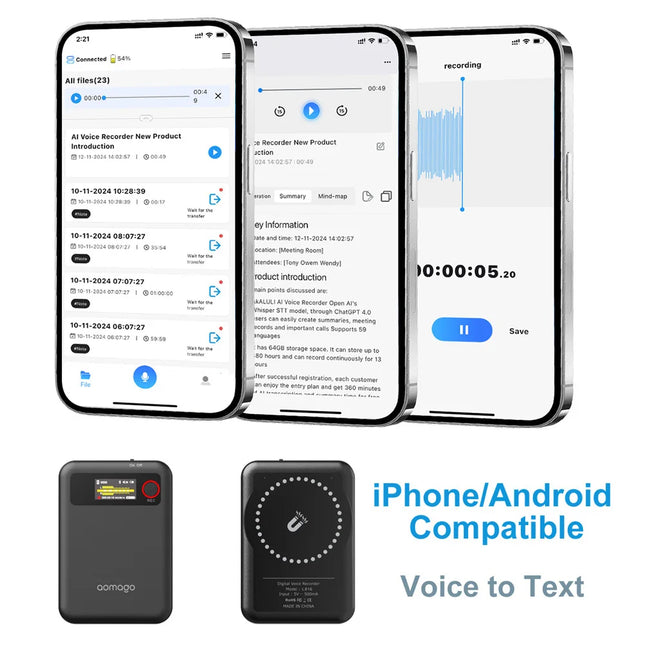 Portable AI Voice Recorder 128G Dual-mode for 5.0 10-12 Hours Long-Lasting Battery WAV App Control Lectures Small Screen