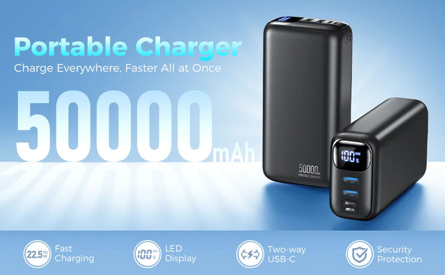 Super Fast Charging 50000mAh Outdoor Power Bank with LED Display Portable ABS Dual USB Output and Micro USB Input