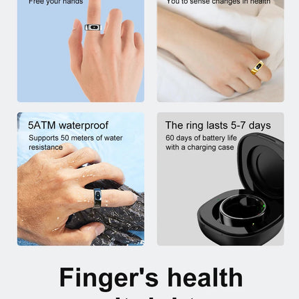 R08 Smart Ring with Charging Case 5ATM waterproof Heart Rate Blood Oxygen Sleep Health Monitor Sport Fitness Tracker