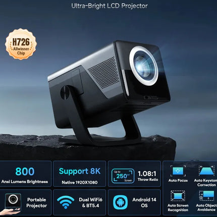 Smart Mini Portable Android 14 WiFi6 5.4 1080P Outdoor Home Theater Projector Built-in Power Converter 5W Speaker US