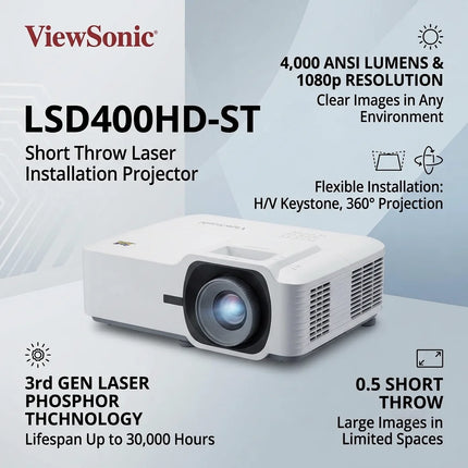 ViewSonic LSD400HD-ST 4000 ANSI Lumens 1080p Full HD Short Throw Laser Installation Business Education Projector