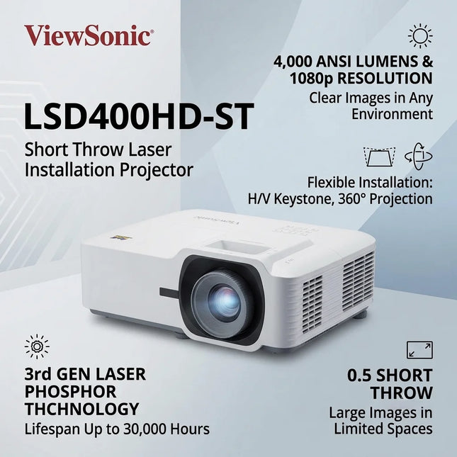 ViewSonic LSD400HD-ST 4000 ANSI Lumens 1080p Full HD Short Throw Laser Installation Business Education Projector