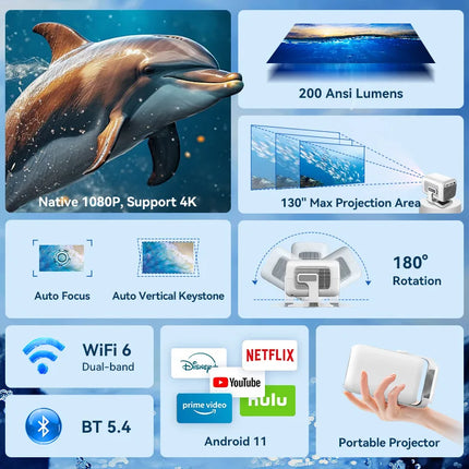 X3AQ Projector Android 11.0 HD 1080P Home Bedroom Wall Projection Portable Mobile Projector