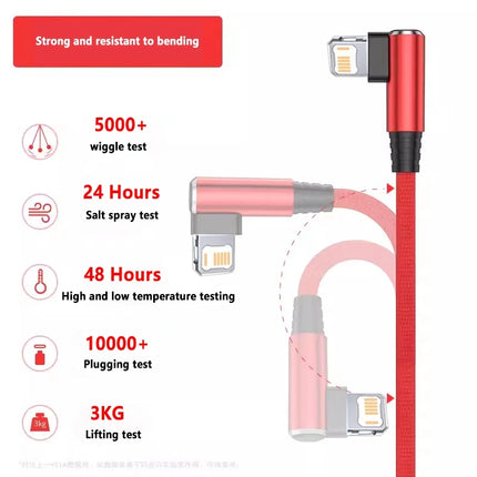 For Gaming Elbow Fast Charger Cable for iPhone 14 8 7 6S Plus 13 12 mini 11 Pro XS Max XR X 90 Degree Braided USB Charging Cable