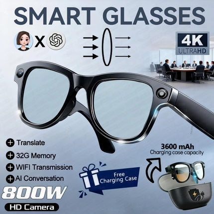 2026 Smart AI Glasses 1080P HD Camera M02 Ultra ChatGPT 3600mAh Charging Case Power Bank 32GB Translation Music Video Sunglasses