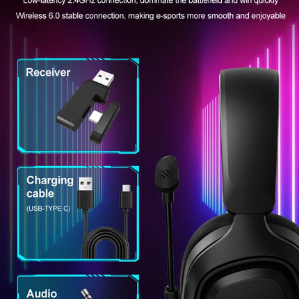GT808 gaming headset is an ergonomic over-ear wireless headset, equipped with a 360-degree rotatable microphone and breathable
