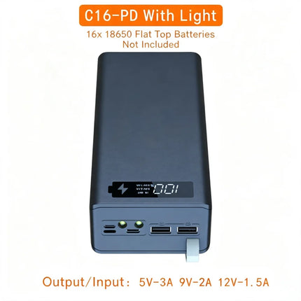 DIY 16x 18650 Battery Power Bank Kit Fast 22.5W PD3.0 QC4.0 Charging Welding-Free USB-C Charger Case Shell for Electronics
