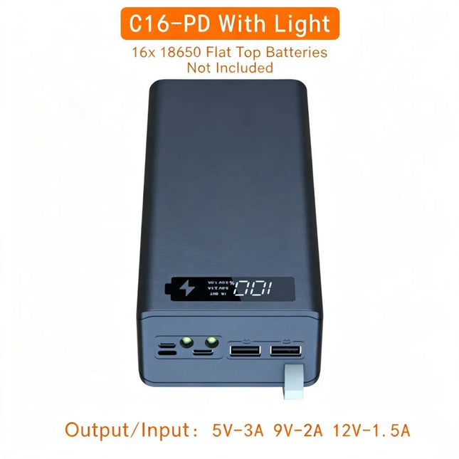 DIY 16x 18650 Battery Power Bank Kit Fast 22.5W PD3.0 QC4.0 Charging Welding-Free USB-C Charger Case Shell for Electronics