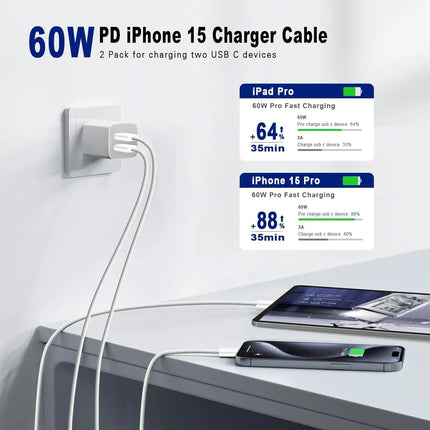 60W USB C to USB C Charging Cable Cord Long for iPhone 16 15/16 15Plus/16 15Pro/16 15Pro Max, iPad Pro/Air/Mini, Galaxy