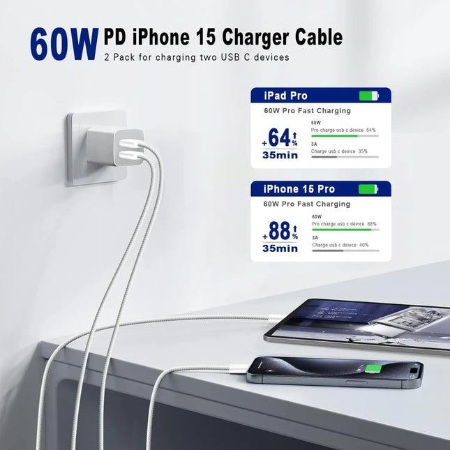 60W USB C to USB C Charging Cable Cord Long for iPhone 16 15/16 15Plus/16 15Pro/16 15Pro Max, iPad Pro/Air/Mini, Galaxy