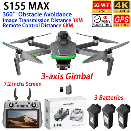 S155 MAX Drone GPS WIFI 3KM FPV 3-axis Gimbal 2.7K Dual Camera 360° Obstacle Avoidance Quadcopter 7.2" Screen Control
