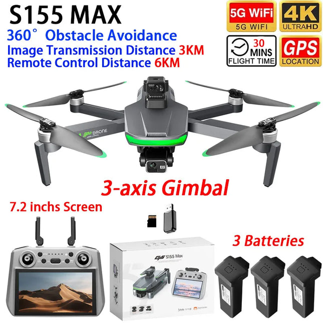 S155 MAX Drone GPS WIFI 3KM FPV 3-axis Gimbal 2.7K Dual Camera 360° Obstacle Avoidance Quadcopter 7.2" Screen Control