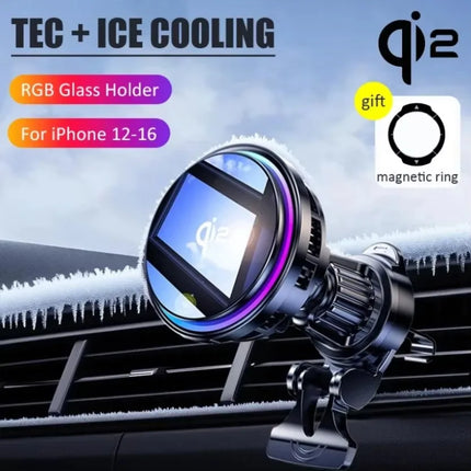 Magnetic Wireless Car Charger Phone Holder Ice Cooling RGB Tempered Glass Fast Charging Radiator For Magsafe iPhone Samsung
