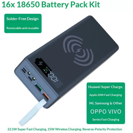 DIY 16x 18650 Battery Power Bank Kit Fast 22.5W PD3.0 QC4.0 Charging Welding-Free USB-C Charger Case Shell for Electronics