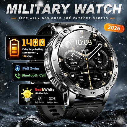 2026New Military Bluetooth call Smartwatch Men 1.7 inches Sapphire glass 1400mAh Battery 5ATM Waterproof Flashlight Sports Watch