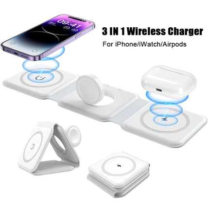3-In-1 Foldable Magnetic Wireless Charger | Portable And Travel-Friendly | Compatible with Iphone 12-15 Series, Airpods 2/3/Pro