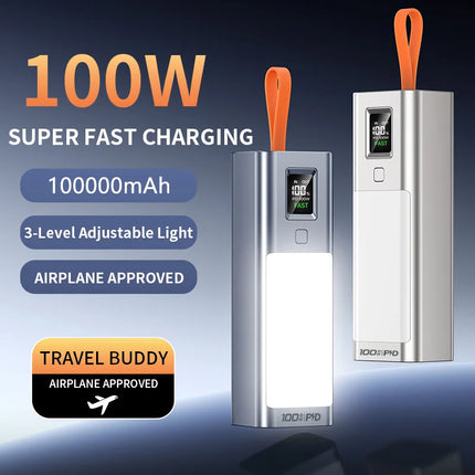 Real 100W Power Bank 100000mAh Fast Charging Large Capacity External Battery with Headlamp  for Macbook Pro Lenovo Laptop