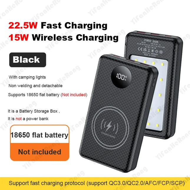 6*18650 20000mAh Power Bank Case 22.5W Fast Charging 15W Wireless Charging Mobile Power Bank Housing Battery Holder For Phone