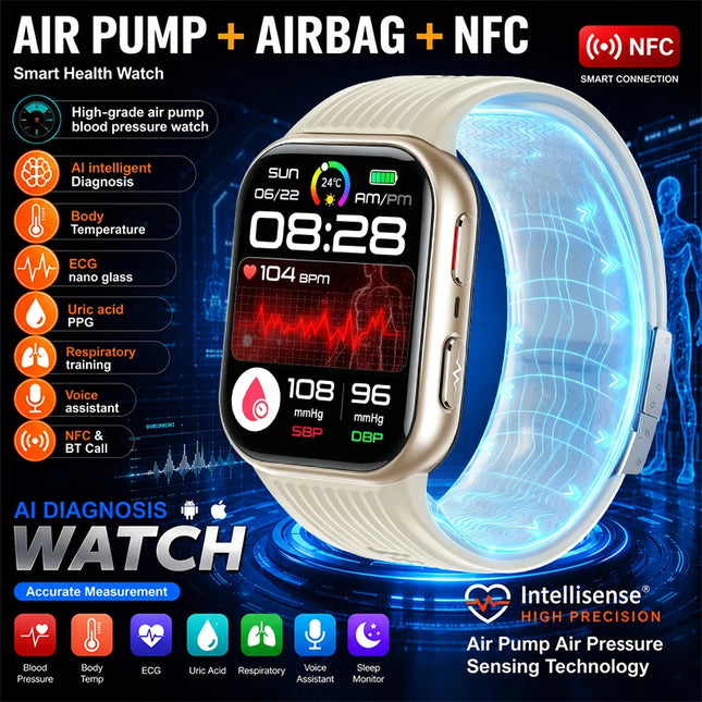 NEW Upgrade Airbag Measurement Smart Watch ECG Air Pump Blood Pressure Blood Lipids Uric Acid Blood Oxygen NFC Smart Watches Man