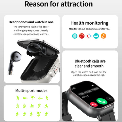 2-in-1 TWS Earbuds Smartwatch with BT Calling, Heart Rate Monitor, Sport Fitness Tracker, Wireless Headphones Watch