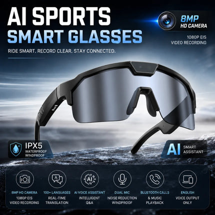 2026 Upgrade Smart Glasses with 8MP Photo&Video Camera AI Assistant Recognition Translation EIS Bluetooth Audio Sunglasses Men