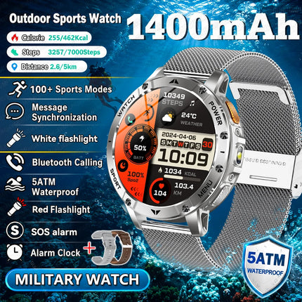 2026New Military Bluetooth call Smartwatch Men 1.7 inches Sapphire glass 1400mAh Battery 5ATM Waterproof Flashlight Sports Watch
