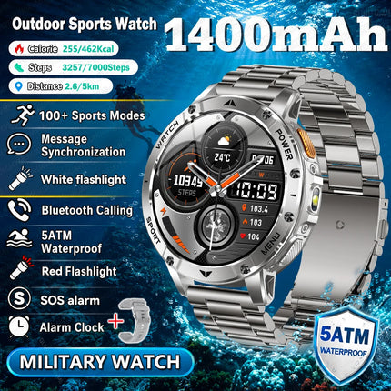 2026New Military Bluetooth call Smartwatch Men 1.7 inches Sapphire glass 1400mAh Battery 5ATM Waterproof Flashlight Sports Watch