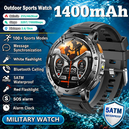 2026New Military Bluetooth call Smartwatch Men 1.7 inches Sapphire glass 1400mAh Battery 5ATM Waterproof Flashlight Sports Watch