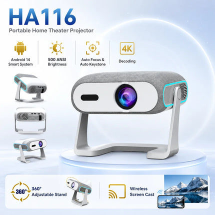 360° Rotation Portable Projector Support 1080P 4K HDR Android14 500Ansi 2.4G/5G Wifi 6 BT Home Cinema Office Smart Projector