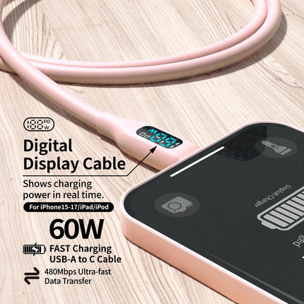 60W USB-A to USB-C Fast Charging Cable  Flexible Pink Silicone Charger For iPhone 17/16/15 Pro/Max, iPad, AirPods Type-C Tablets