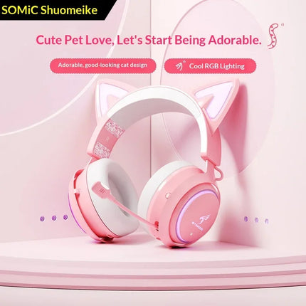 Somic GS510 Gamers Headphone With Microphone Cat Ears Rgb Light Colorful Cute Headset Noise Reduction Girl Gaming Earphones Gif