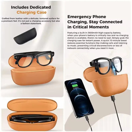 AI Smart Glasses 800W HD Camera 4K Video 32GB Storage 120+ Language Translation 3600mAh Charging Case Bluetooth Call Sunglasses