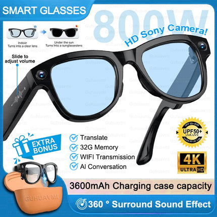 AI Smart Glasses 800W HD Camera 4K Video 32GB Storage 120+ Language Translation 3600mAh Charging Case Bluetooth Call Sunglasses