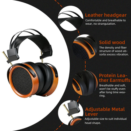 Hellodigi HD11 Headsets 53MM Speaker Open-Back HIFI Wooden Headphones With Dual 3.5mm Detachable Cable Retro-Vintage Style