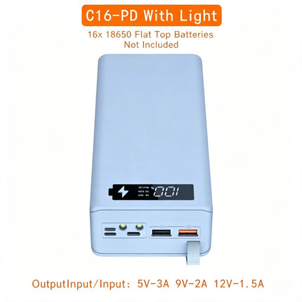 DIY 16x 18650 Battery Power Bank Kit Fast 22.5W PD3.0 QC4.0 Charging Welding-Free USB-C Charger Case Shell for Electronics