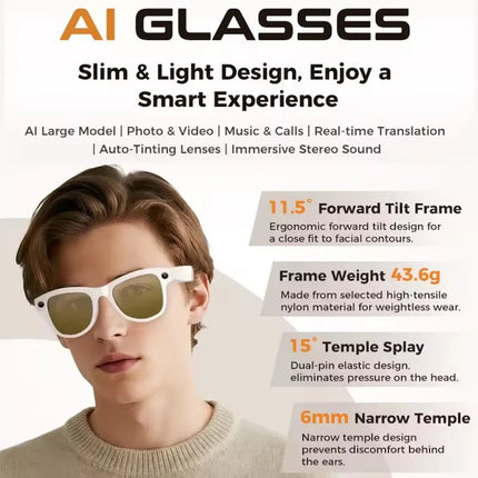 AI Smart Glasses 800W HD Camera 4K Video 32GB Storage 120+ Language Translation 3600mAh Charging Case Bluetooth Call Sunglasses