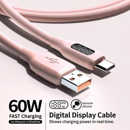 60W USB-A to USB-C Fast Charging Cable  Flexible Pink Silicone Charger For iPhone 17/16/15 Pro/Max, iPad, AirPods Type-C Tablets