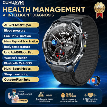 New AI-Diagnosis ECG Smart Watch Blood Lipid/Uric Acid Blood Pressure/Oxygen BIM Fitness Tracker Nuring Grade Health Smartwatch