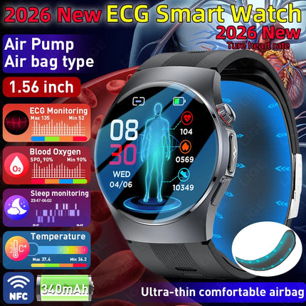 2026 New Airbag Measurement SOS Smart Watch Men ECG Air Pump Blood Pressure Blood Oxygen BT Call NFC Smartwatch For Android iOS