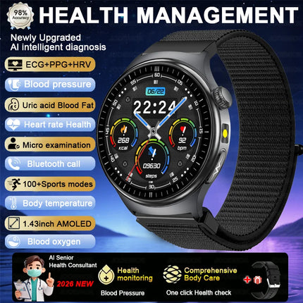 2026 Fashion New Expert level Health Smart Watch Men ECG+PPG Laser Monitor Uric Acid Blood Fat Blood Pressure HD Call Smartwatch