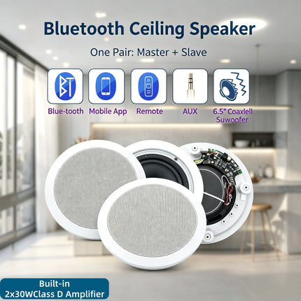 6.5 Inch Bluetooth Speakers 2*30W Master Slave Active Passive Coaxial In Ceiling Speaker Support AUX Remote Control Home Audio