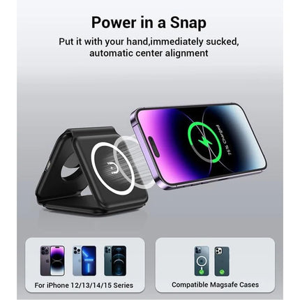 3-In-1 Foldable Magnetic Wireless Charger | Portable And Travel-Friendly | Compatible with Iphone 12-15 Series, Airpods 2/3/Pro