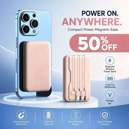 20000mAh 5V Power Bank for Wireless Charging Magnetic Suction Portable Fast Charging Power Bank with Built-in Cable