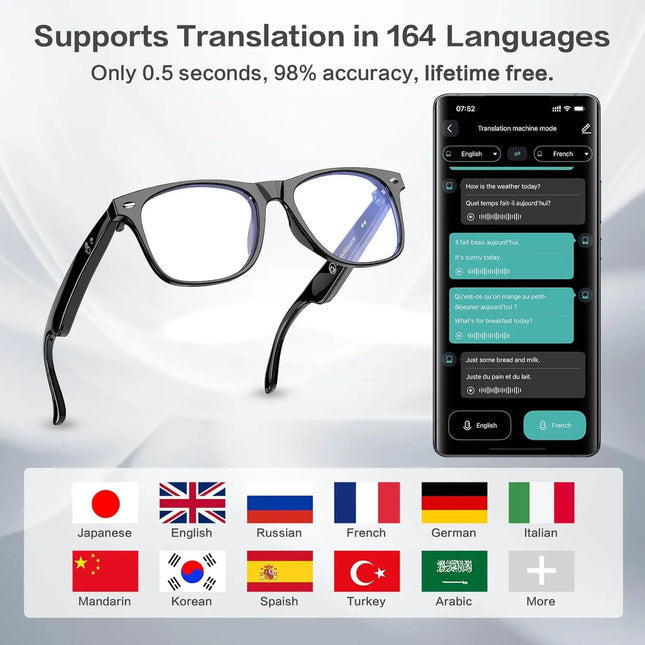 AI smart glasses, support 164 language translation, Bluetooth, anti-blue  ultraviolet, 7-day standby, waterproof, wireless music