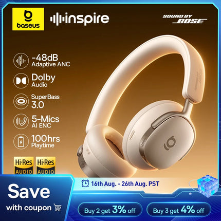 Baseus Inspire XH1 ANC Wireless Headphone Bluetooth 6.1 48dB Adaptive Noise Cancellation Headset Hi-Res LDAC 100Hr Sound by Bose