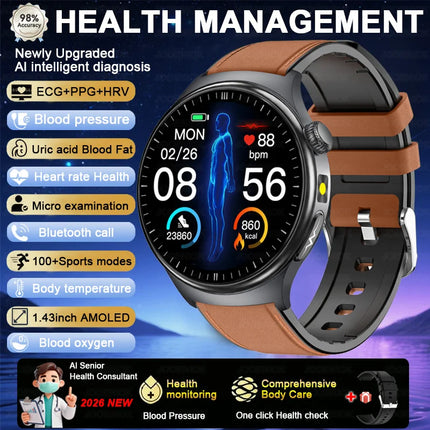 2026 Fashion New Expert level Health Smart Watch Men ECG+PPG Laser Monitor Uric Acid Blood Fat Blood Pressure HD Call Smartwatch