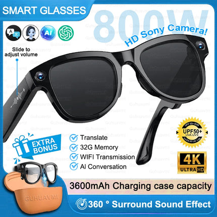 AI Smart Glasses 800W HD Camera 4K Video 32GB Storage 120+ Language Translation 3600mAh Charging Case Bluetooth Call Sunglasses