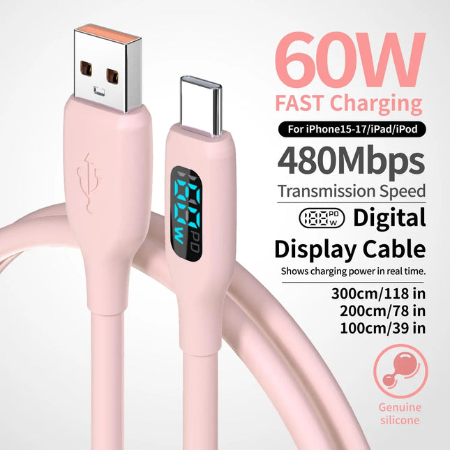 60W USB-A to USB-C Fast Charging Cable  Flexible Pink Silicone Charger For iPhone 17/16/15 Pro/Max, iPad, AirPods Type-C Tablets